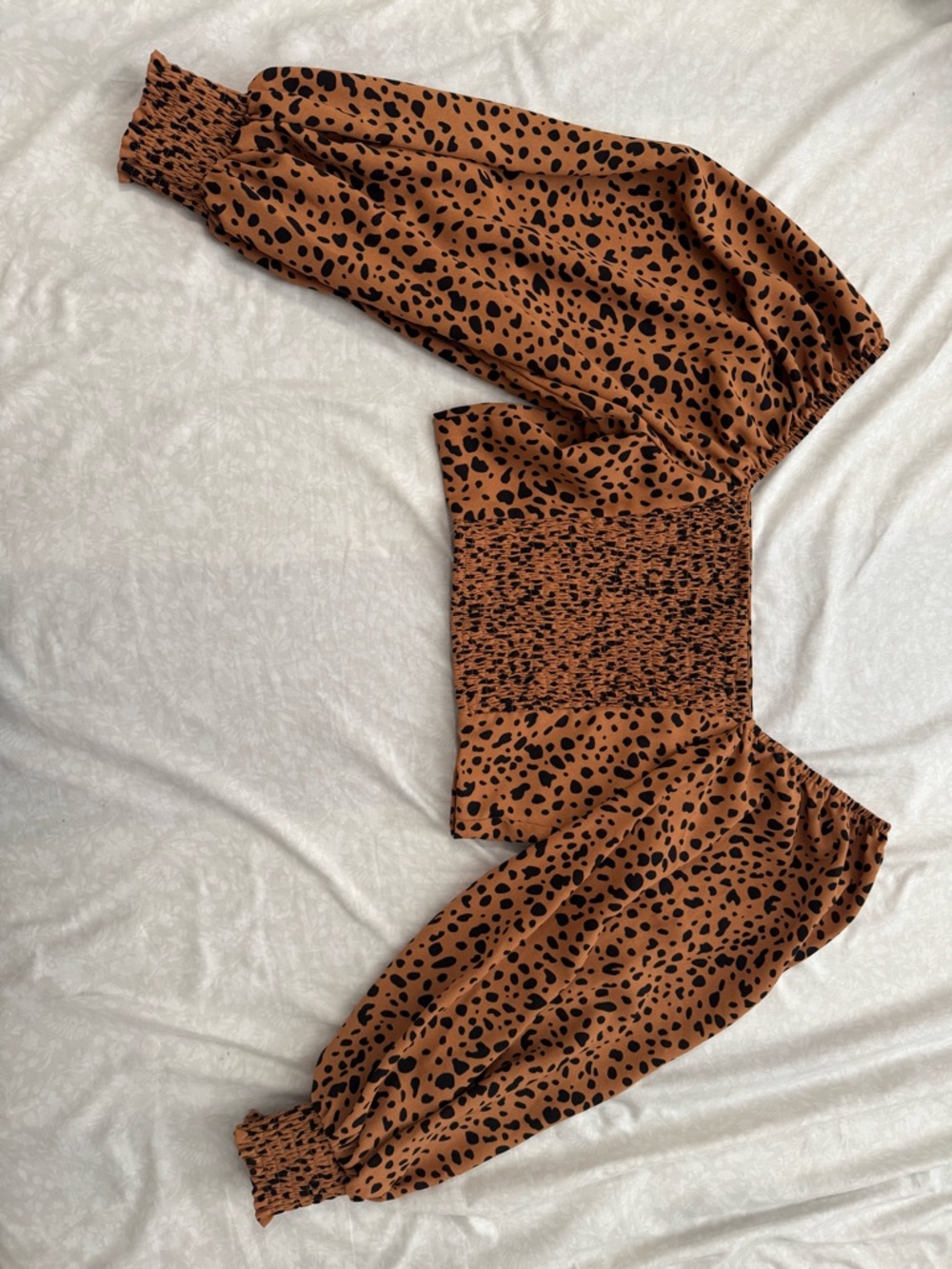SHEIN Brown and Black Smocked Off-Shoulder Long Sleeve Blouse
